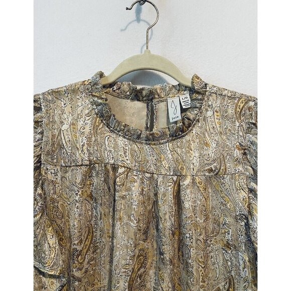 Joie Top Womens Large Beige Paisley Gold Metallic Ruffle Flutter Sleeve Boho - Picture 2 of 8